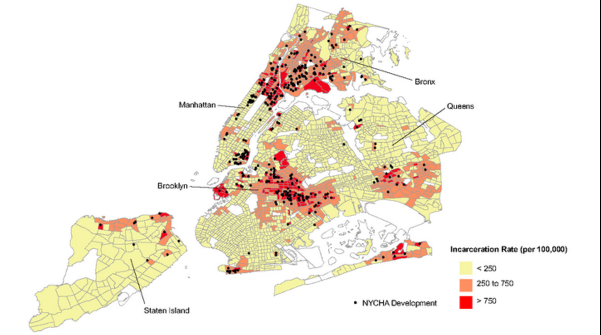 Map of NYC with public housing and incarceration rates 